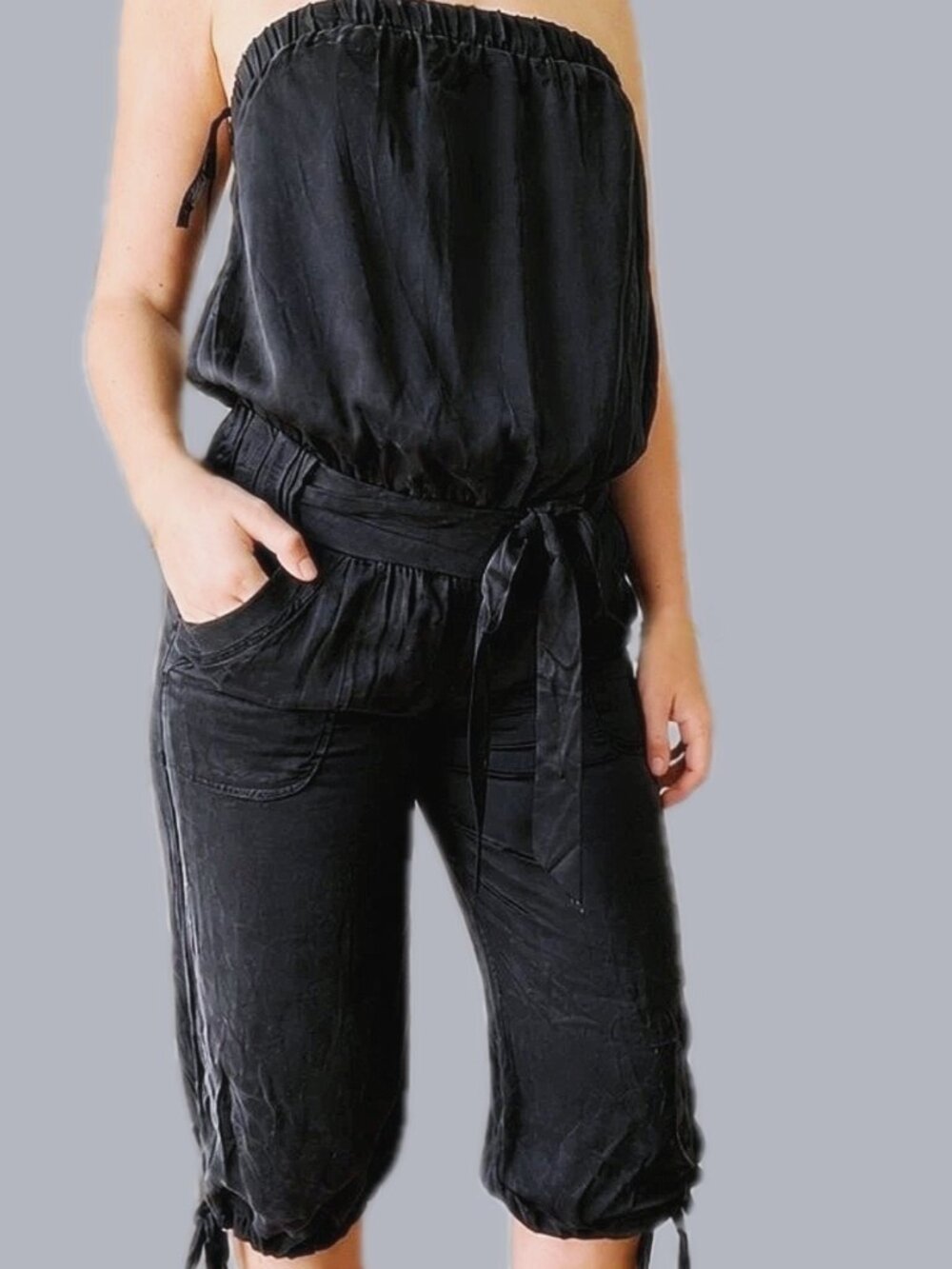 Bebe black strapless silk cargo jumpsuit M
